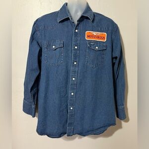Vtg Wrangler Western Denim Shirt Mens 17.5X34 Pearl Snap 90s Moto Guzzi patch